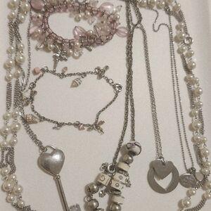 Valentine Day Jewelry Lot - Hearts, Pearls And Pink (7 + Items)